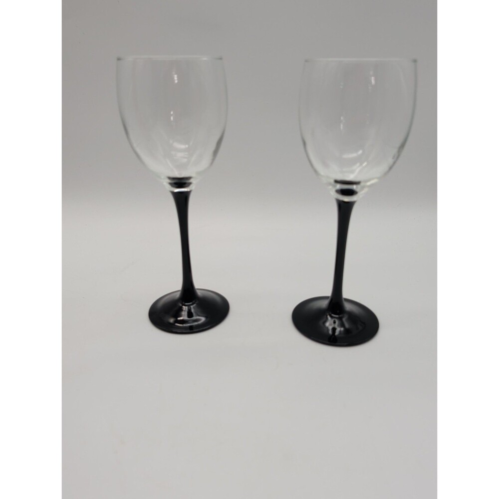 2 Vtg Domino White Wine Glasses Black Stem 7.75"